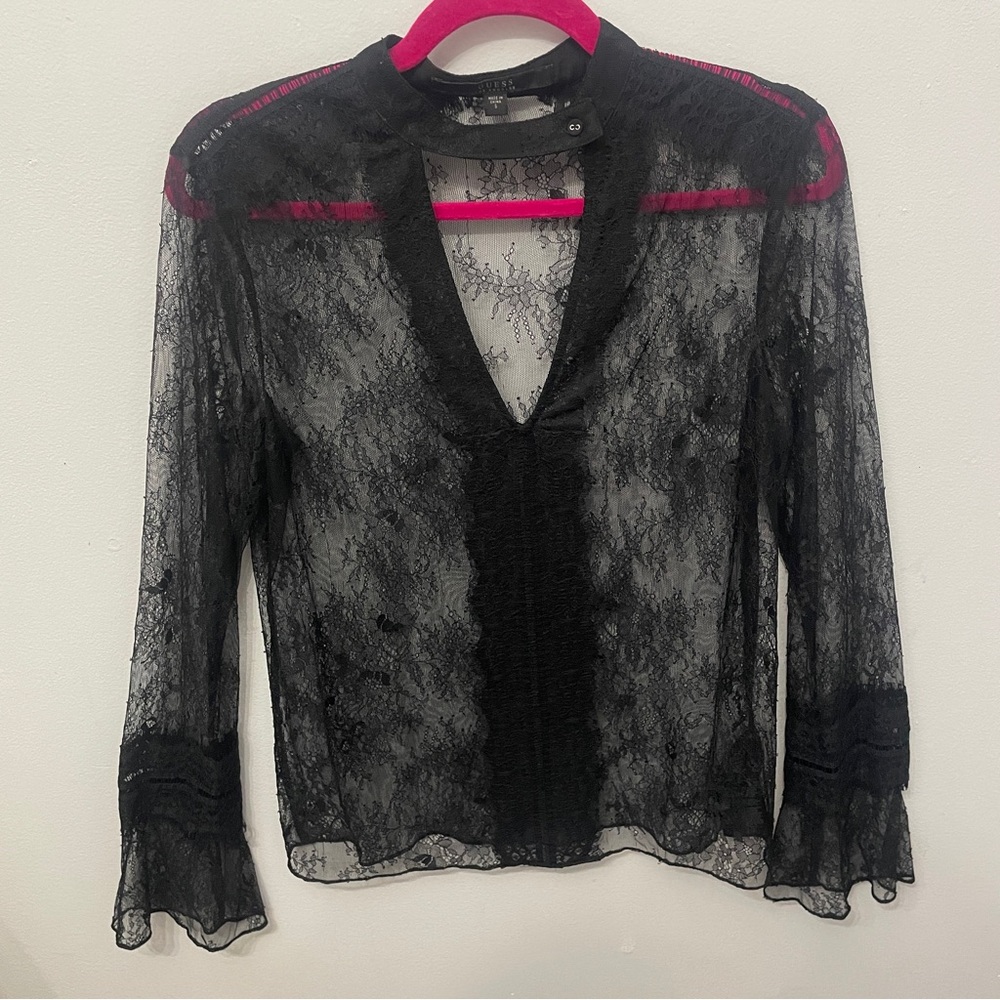 Y2K Sheer  Black Lace Women's Top Bell Sleeve ans Choker Detail Guess